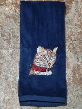 Grand Prix Navy Blue Embroidered Cat Hand Towel 1978